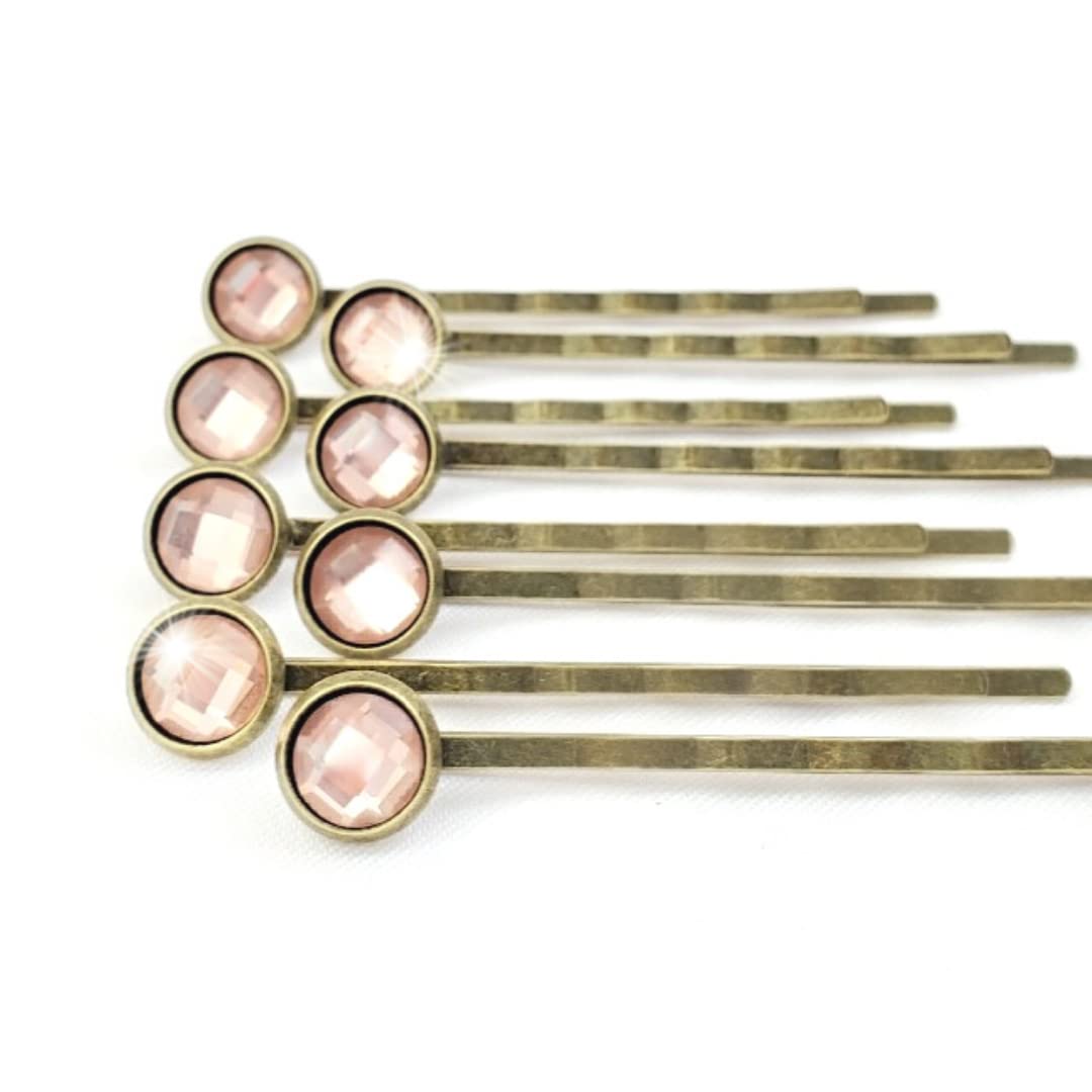 Crystal Hair Pins for Women, Decorative Champagne Bobby Pin Set of 8 Blush Peach Hairpins, Sparkly G