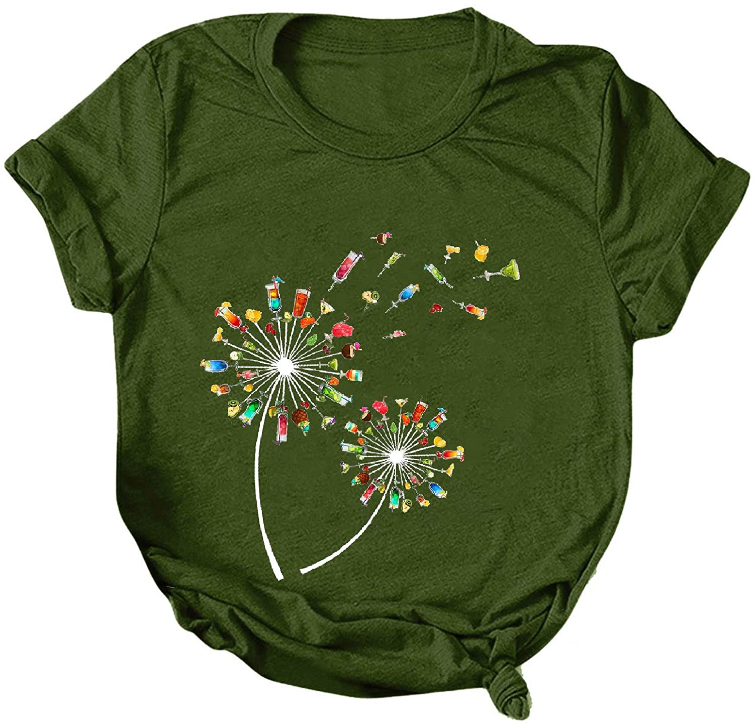 Dosoop Womens Short Sleeve Tops T-Shirts Casual Loose Fit Dandelion Print Graphic O-Neck Tees Shirts