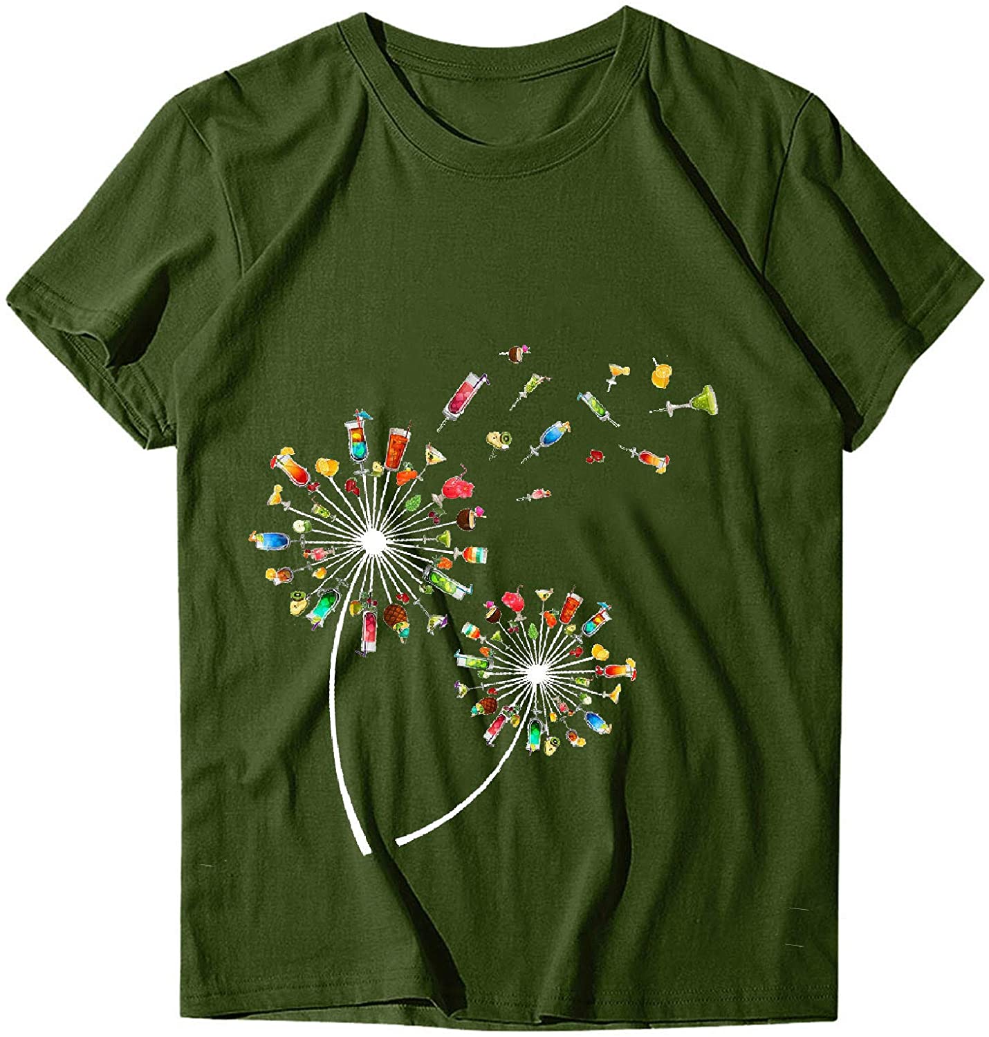 Dosoop Womens Short Sleeve Tops T-Shirts Casual Loose Fit Dandelion Print Graphic O-Neck Tees Shirts