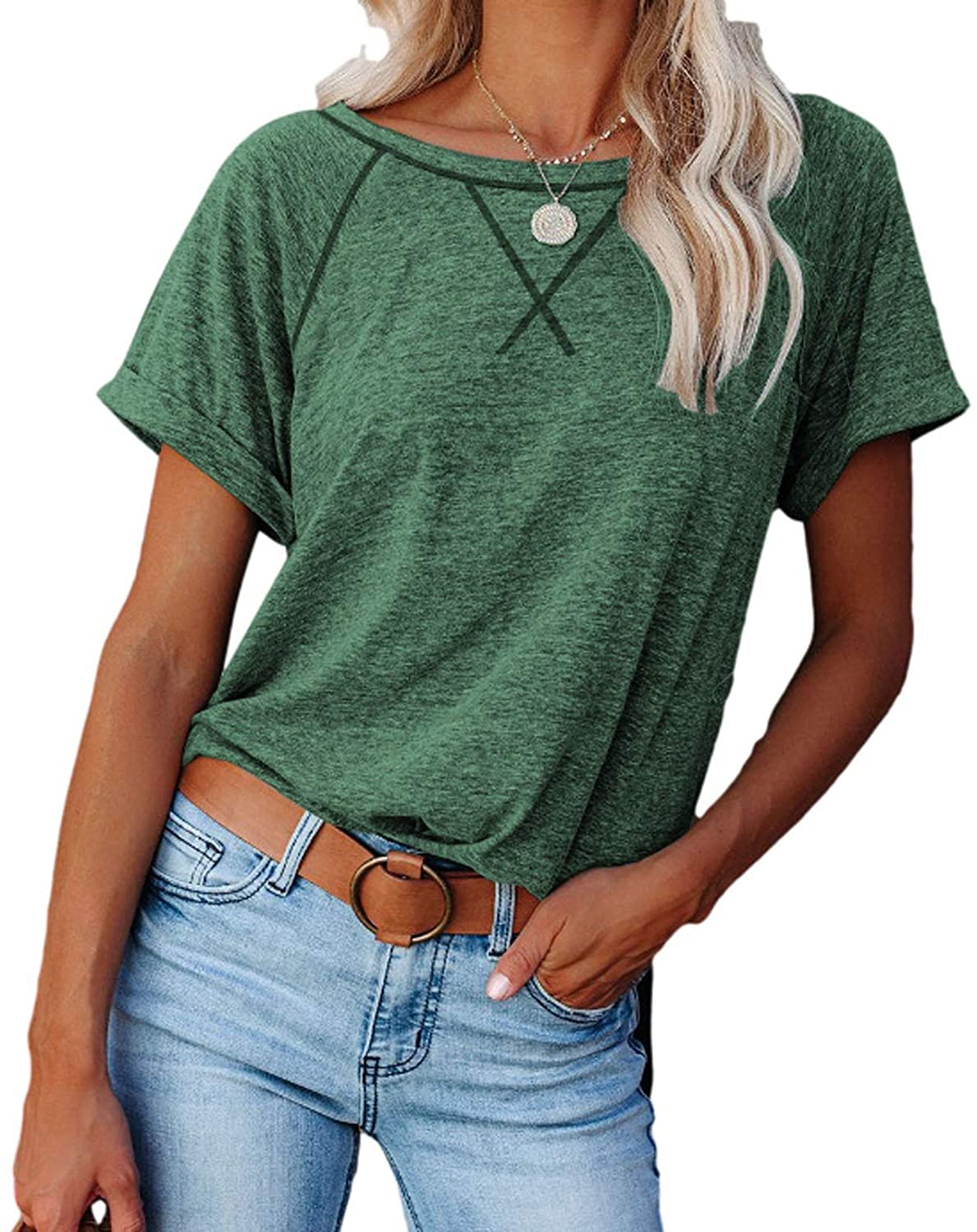 Dosoop Womens Summer Basic Short Sleeve Crewneck T Shirts Tees Color Block Casual Loose Fit Tshirts 