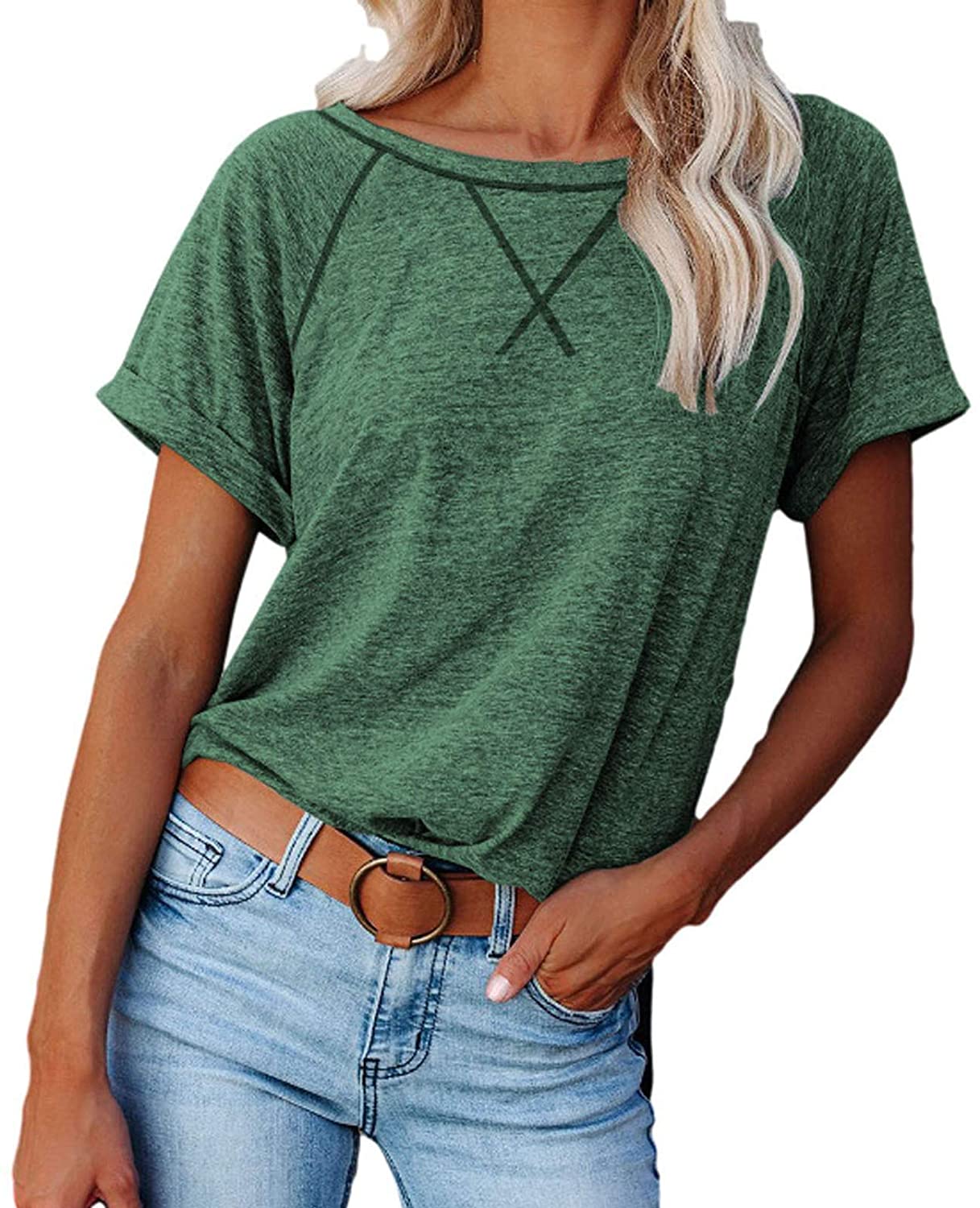 Dosoop Womens Summer Basic Short Sleeve Crewneck T Shirts Tees Color Block Casual Loose Fit Tshirts 