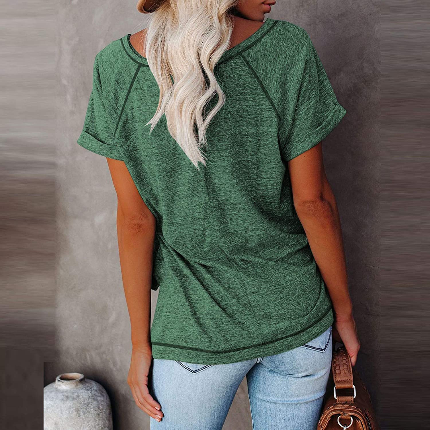 Dosoop Womens Summer Basic Short Sleeve Crewneck T Shirts Tees Color Block Casual Loose Fit Tshirts 