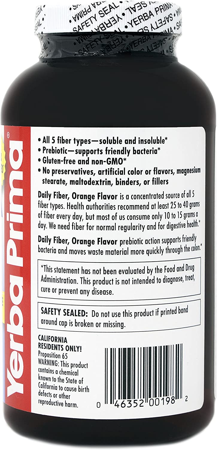 Yerba Prima Orange Flavored Daily Fiber Formula 16 oz Powder - Great Tasting, Premium Bulking Supple