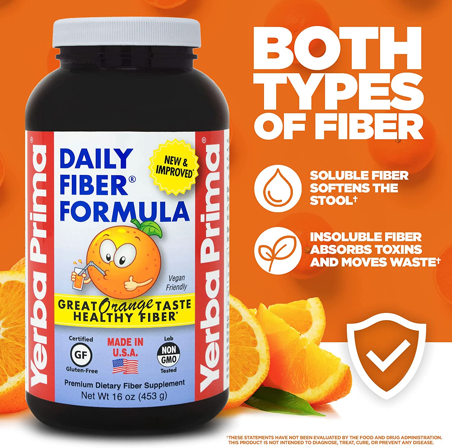Yerba Prima Orange Flavored Daily Fiber Formula 16 oz Powder - Great Tasting, Premium Bulking Supple