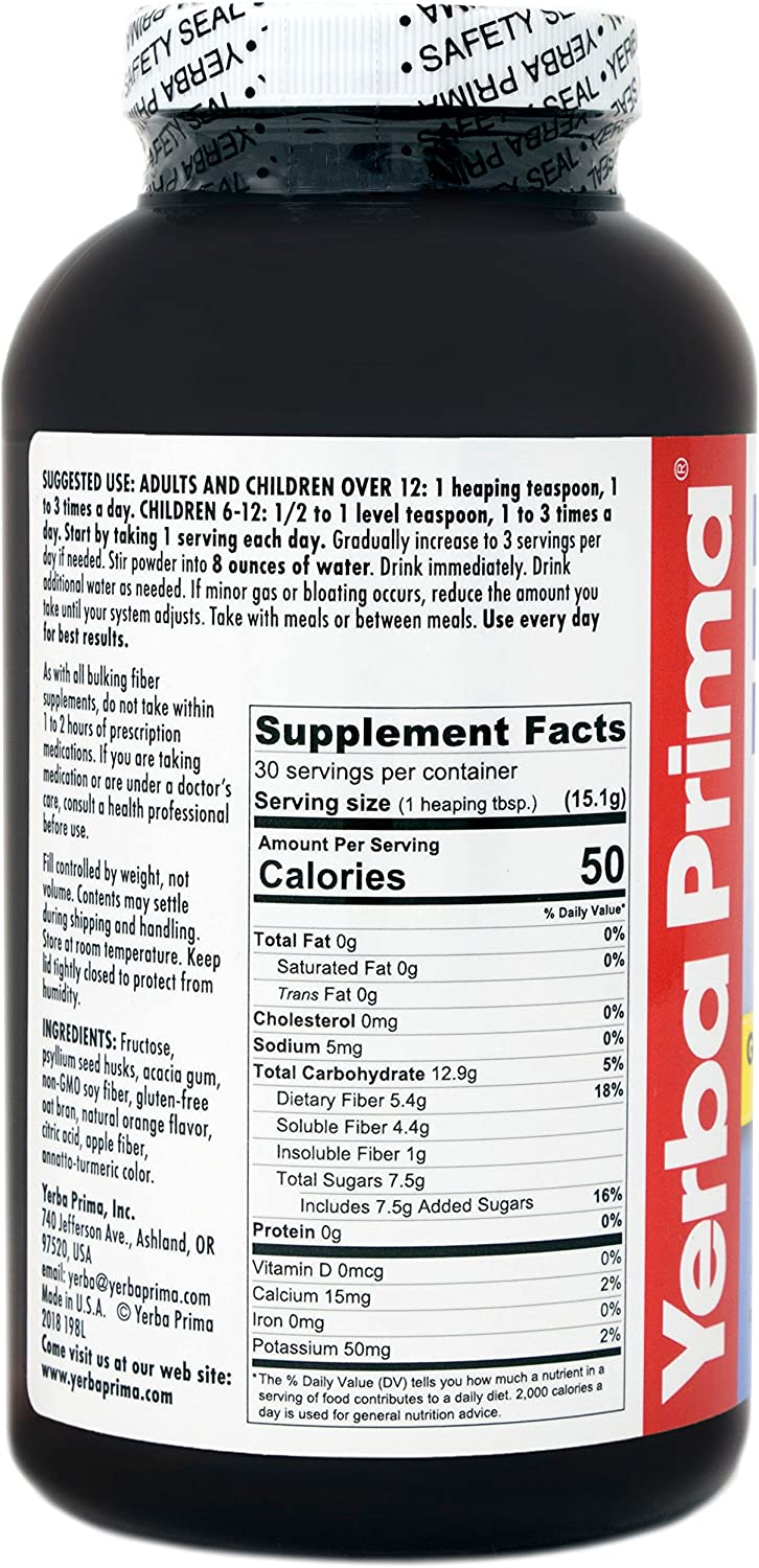 Yerba Prima Orange Flavored Daily Fiber Formula 16 oz Powder - Great Tasting, Premium Bulking Supple