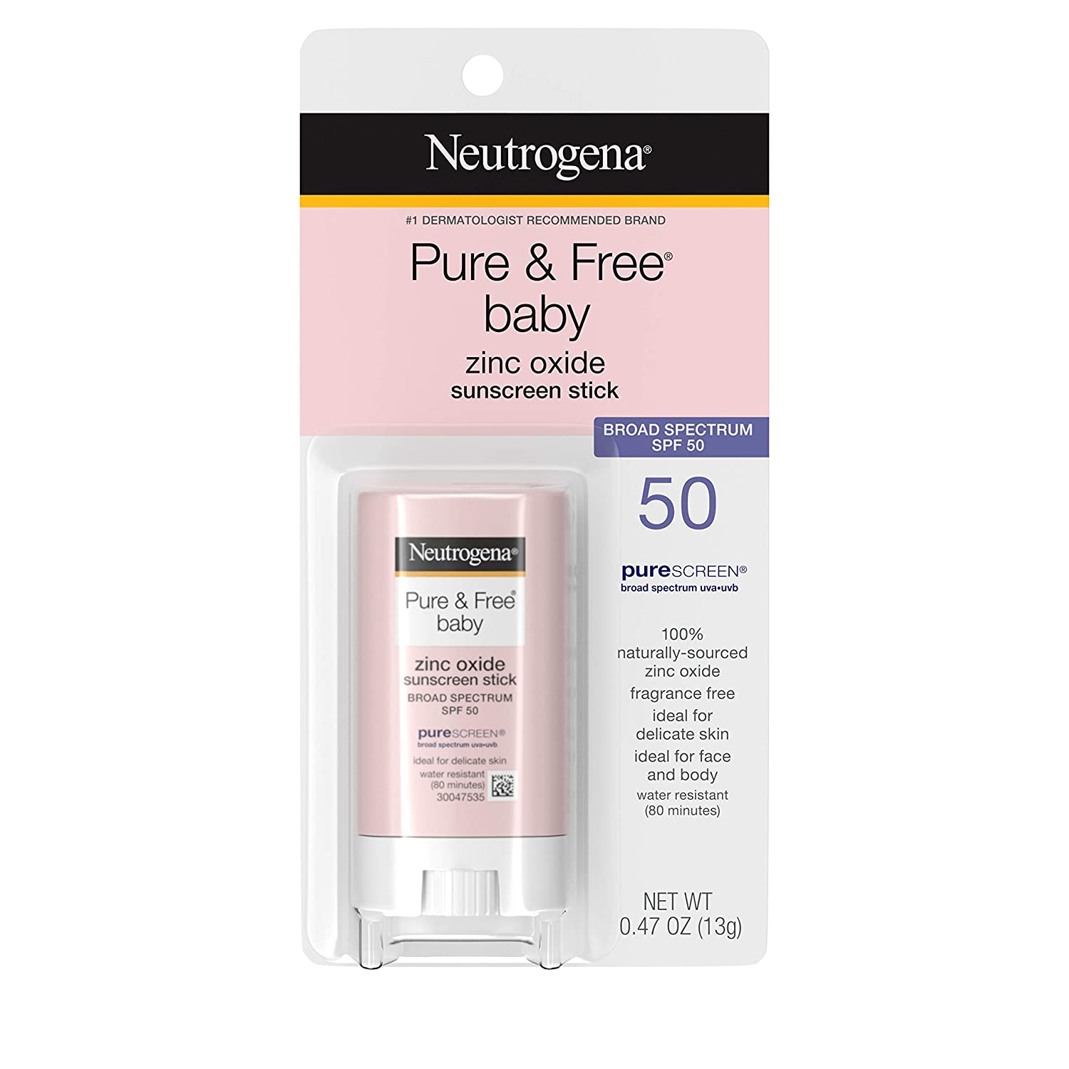 Neutrogena Pure & Free Baby Mineral Sunscreen Stick with Broad Spectrum SPF 50, Baby Face & Body Sun