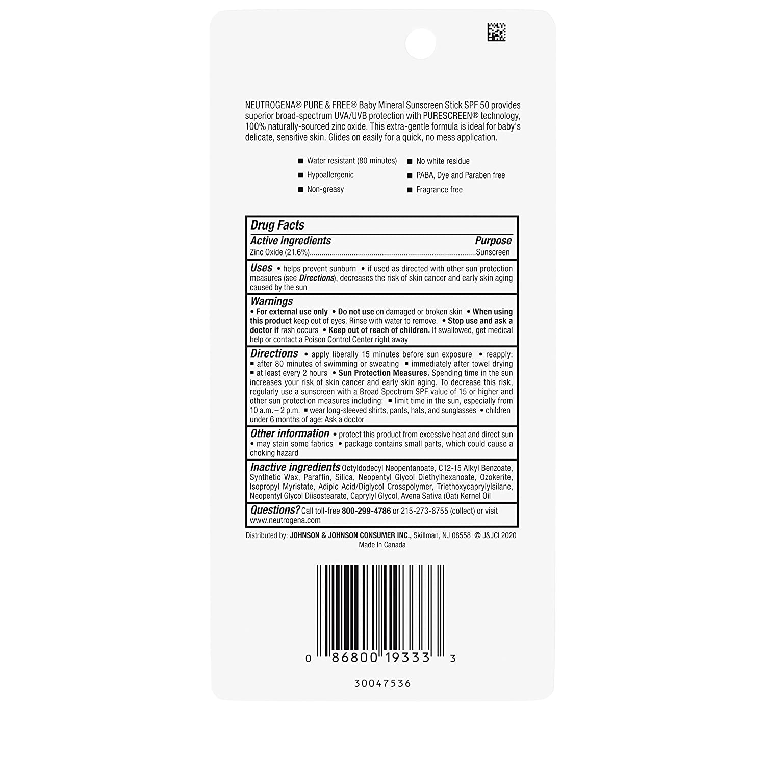 Neutrogena Pure & Free Baby Mineral Sunscreen Stick with Broad Spectrum SPF 50, Baby Face & Body Sun