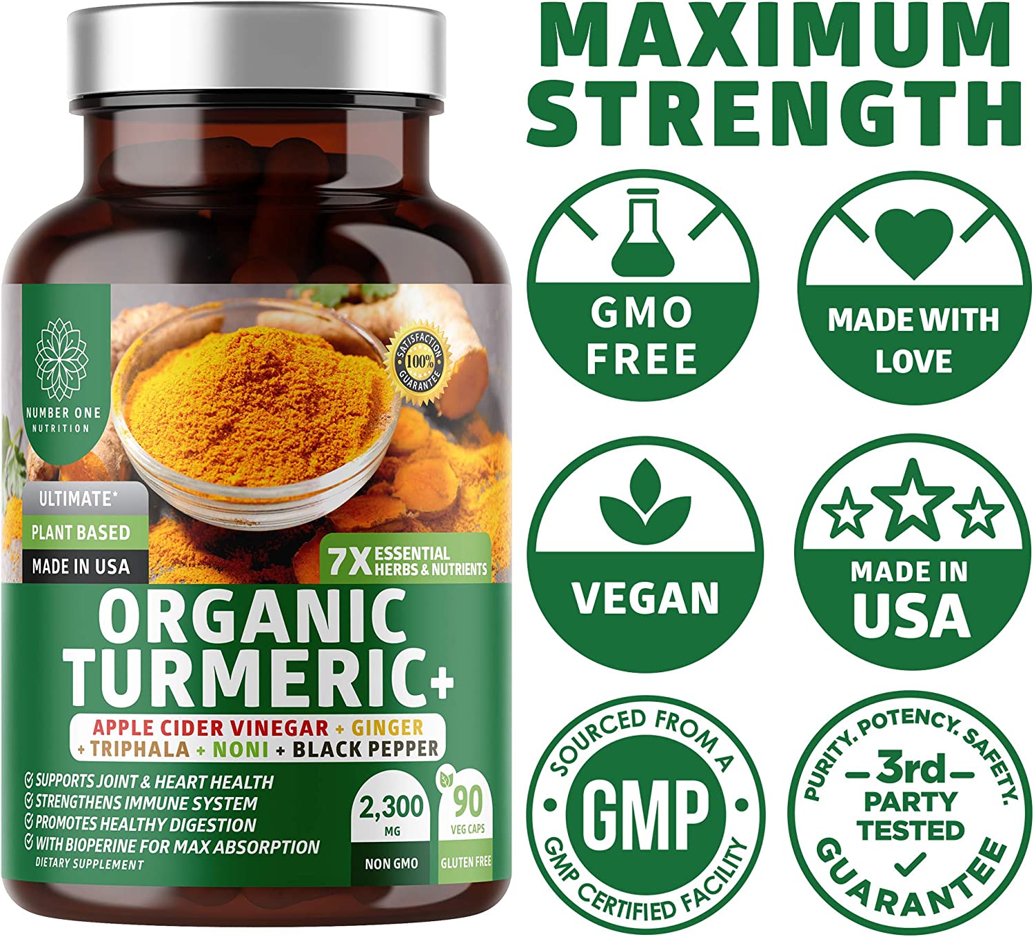 N1N Premium Turmeric Curcumin with BioPerine [Max Absorption, 2300mg] Organic Turmeric Capsules with