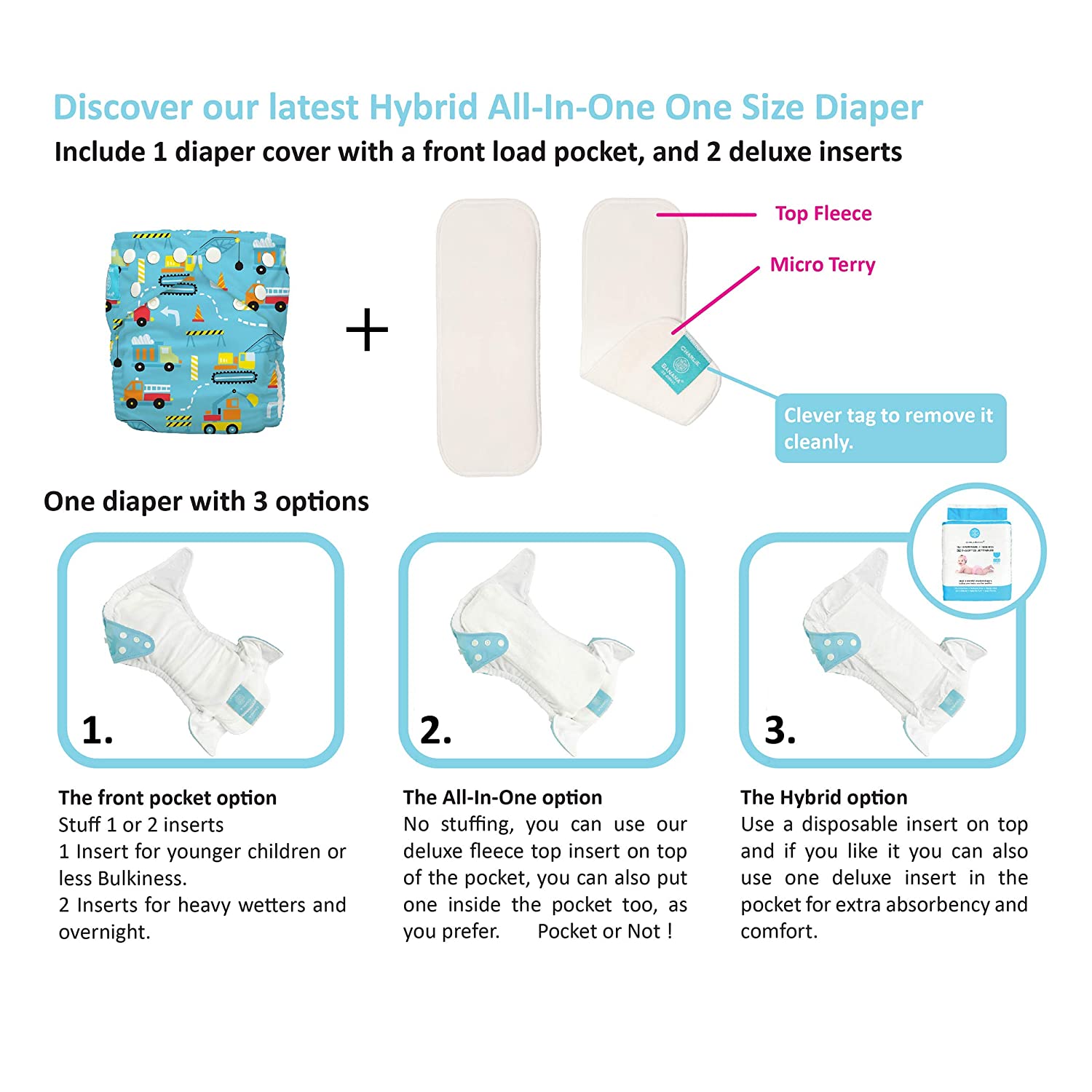 Charlie Banana Baby Fleece Reusable and Washable Cloth Diaper System, 1 Diaper and 2 Inserts, Sophie