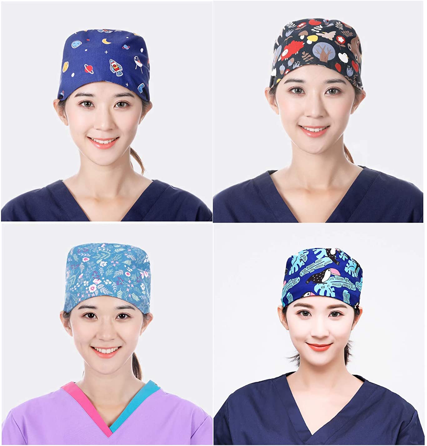 Leader Jin Cute Printed Working Cap Bouffant Turban Cap with Button and Sweatband Adjustable Tie Bac