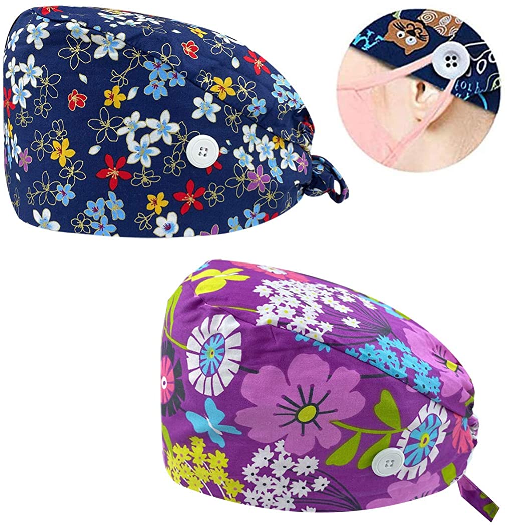 Leader Jin Cute Printed Working Cap Bouffant Turban Cap with Button and Sweatband Adjustable Tie Bac