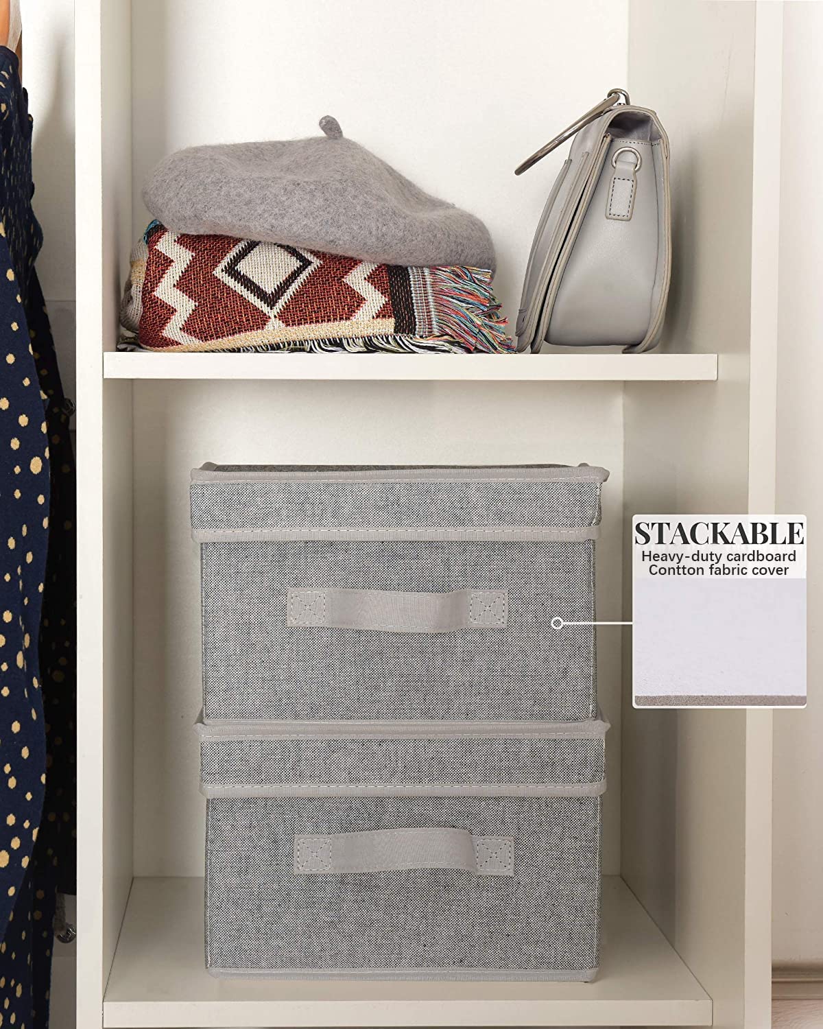 StorageWorks Decorative Storage Boxes, Canvas Basket with Lid and Handles, Gray, Medium, 2-Pack