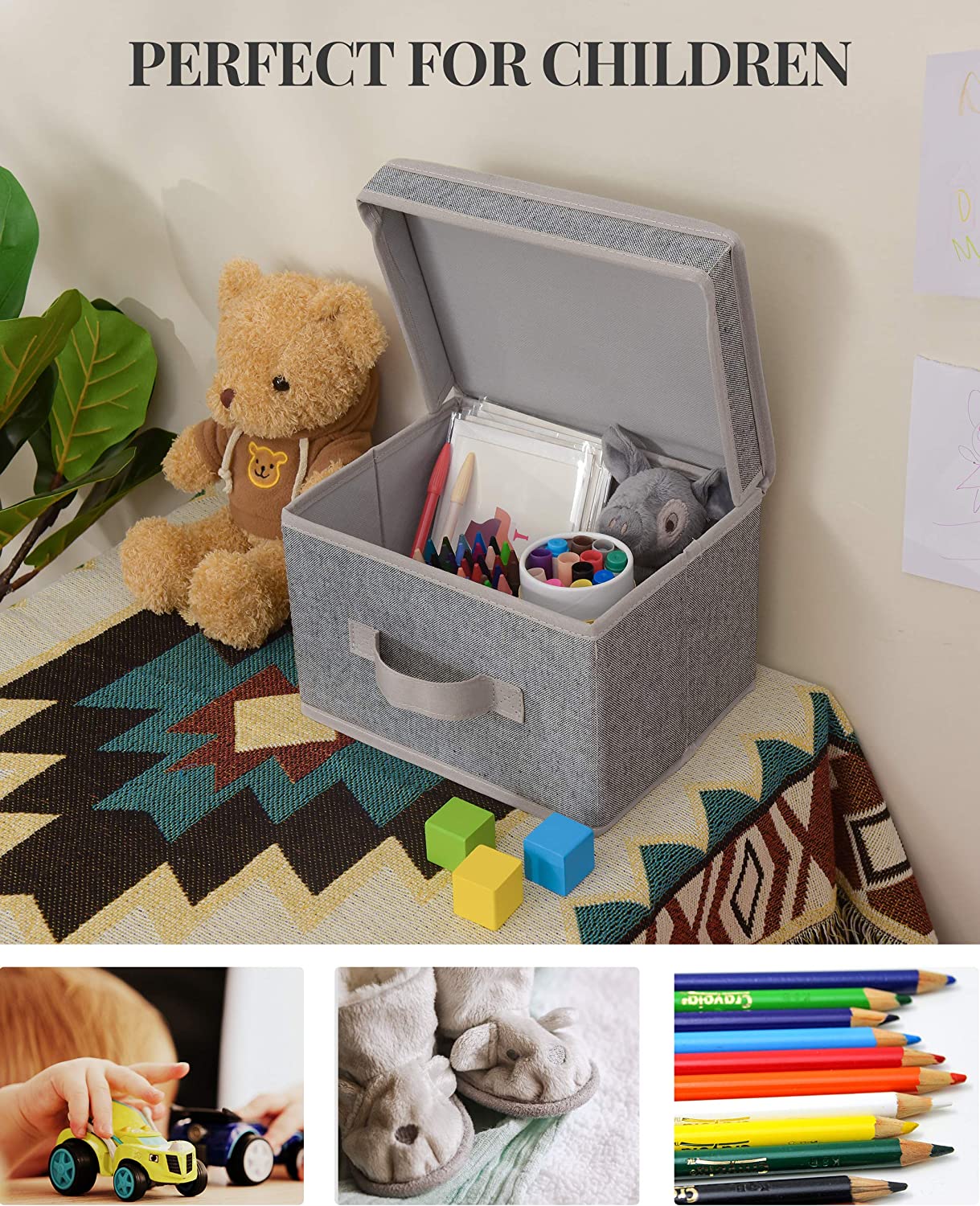 StorageWorks Decorative Storage Boxes, Canvas Basket with Lid and Handles, Gray, Medium, 2-Pack