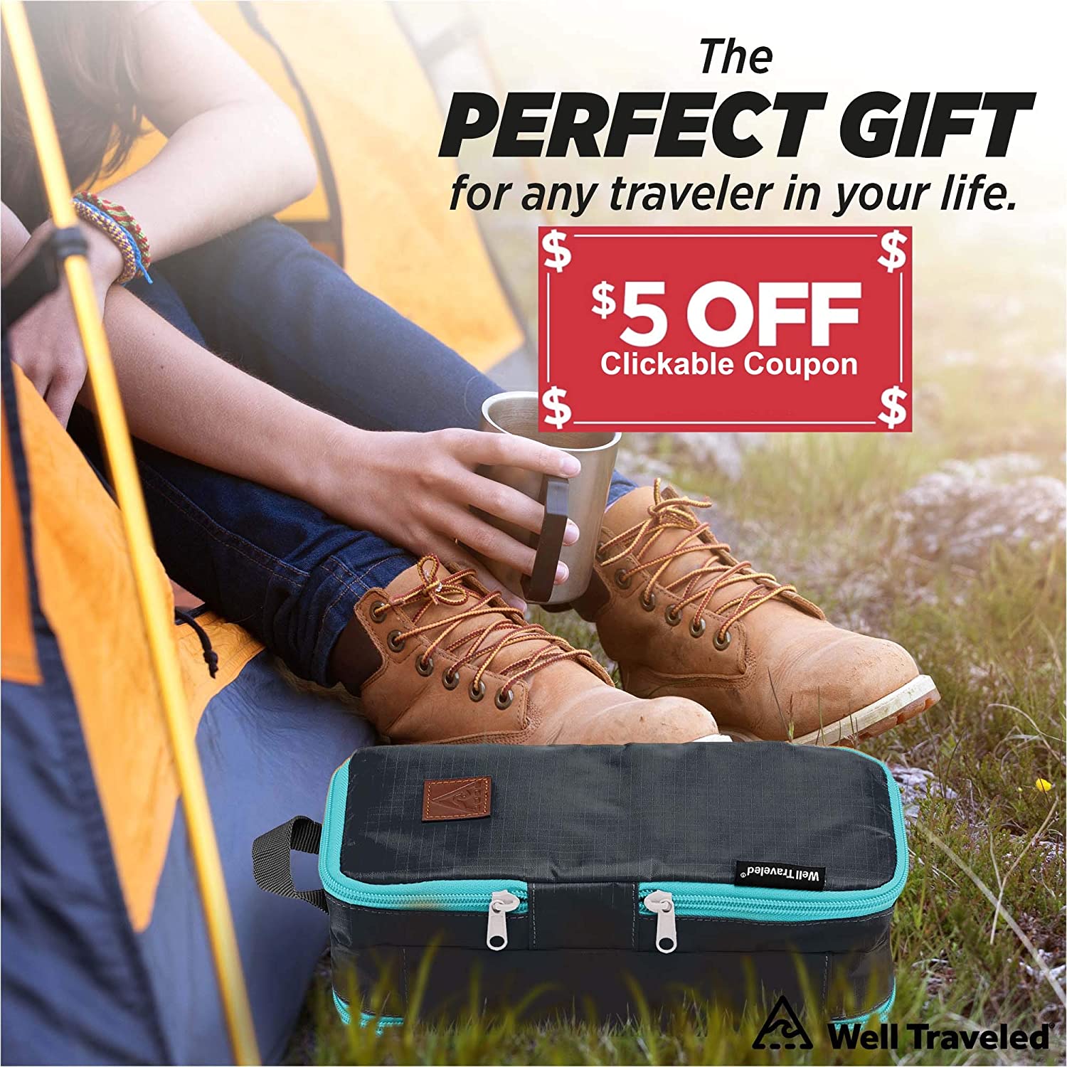 Well Traveled Toiletry Bag for Makeup, Shaving Kit, Cosmetics, Electronics Case for Men, Women, Kids