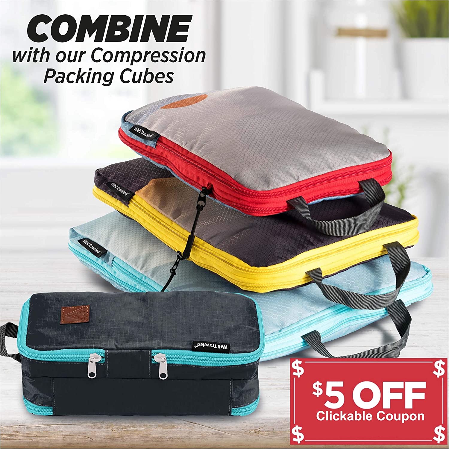 Well Traveled Toiletry Bag for Makeup, Shaving Kit, Cosmetics, Electronics Case for Men, Women, Kids