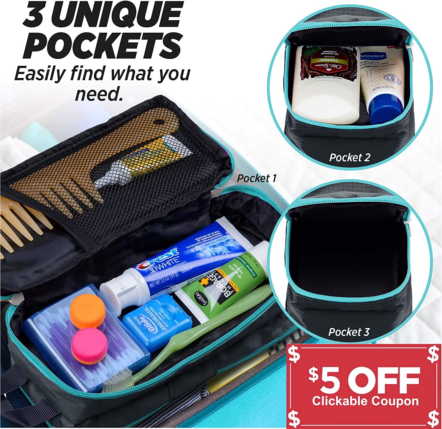 Well Traveled Toiletry Bag for Makeup, Shaving Kit, Cosmetics, Electronics Case for Men, Women, Kids