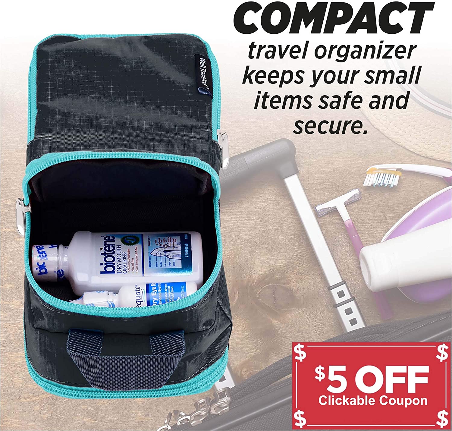 Well Traveled Toiletry Bag for Makeup, Shaving Kit, Cosmetics, Electronics Case for Men, Women, Kids