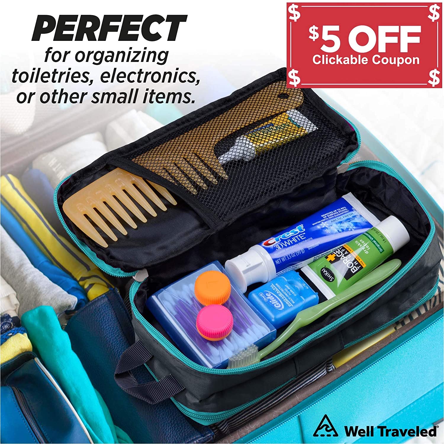 Well Traveled Toiletry Bag for Makeup, Shaving Kit, Cosmetics, Electronics Case for Men, Women, Kids