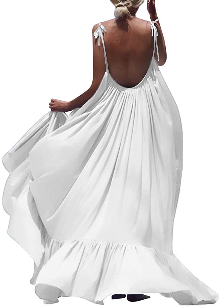 Xinantime Womens Boho Maxi Solid Sleeveless Long Backless Dress Evening Party Beach Dress