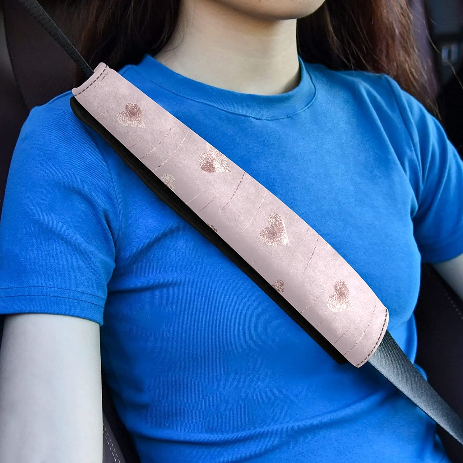 Rose Gold Hearts Golden Glitter On Pink 2 Packs Adjustable Car Seat Belt Pads Cover, Universal Car S