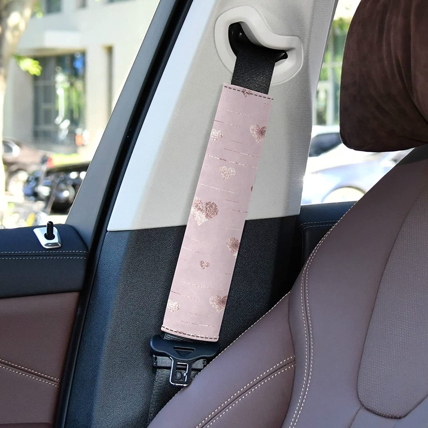 Rose Gold Hearts Golden Glitter On Pink 2 Packs Adjustable Car Seat Belt Pads Cover, Universal Car S