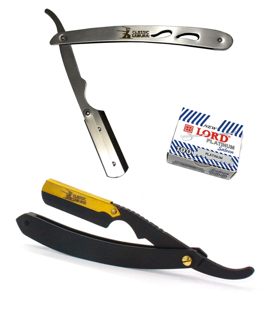 Classic Samurai CS-102 Matte Black Golden Head + CS-102 Professional Barber Straight Edge Shaving Ra