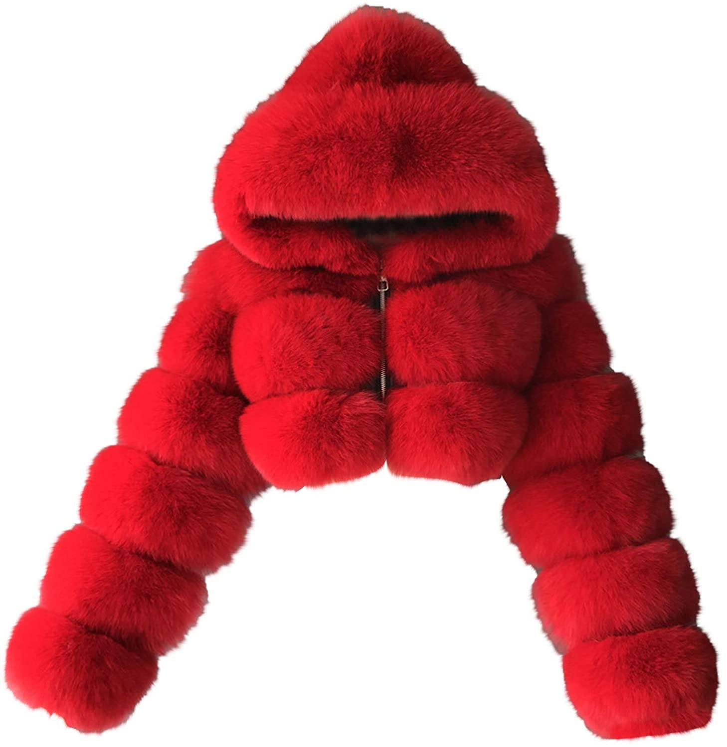 Dosoop Women Short Faux Hooded Warm Furry Splicing Jacket Long Sleeve Outerwear Plus Size Winter Coa
