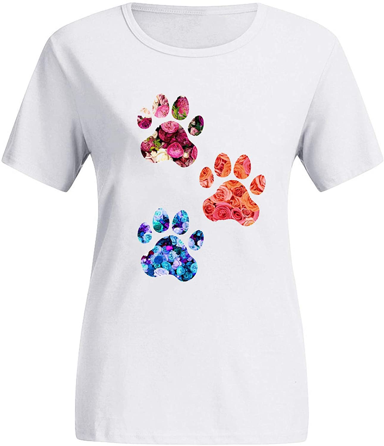Dosoop Women Cute Dog Paw Graphic Pullover Short Sleeve O Neck Casual Crewneck Summer Tops T Shirt B