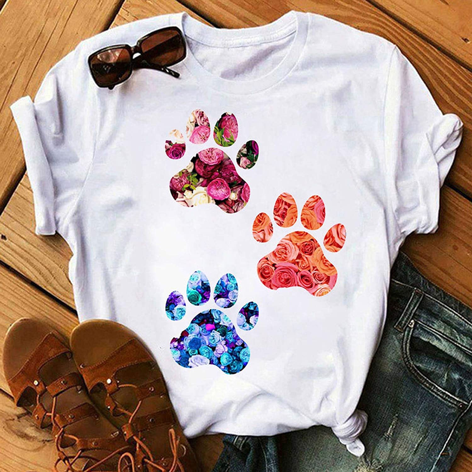 Dosoop Women Cute Dog Paw Graphic Pullover Short Sleeve O Neck Casual Crewneck Summer Tops T Shirt B