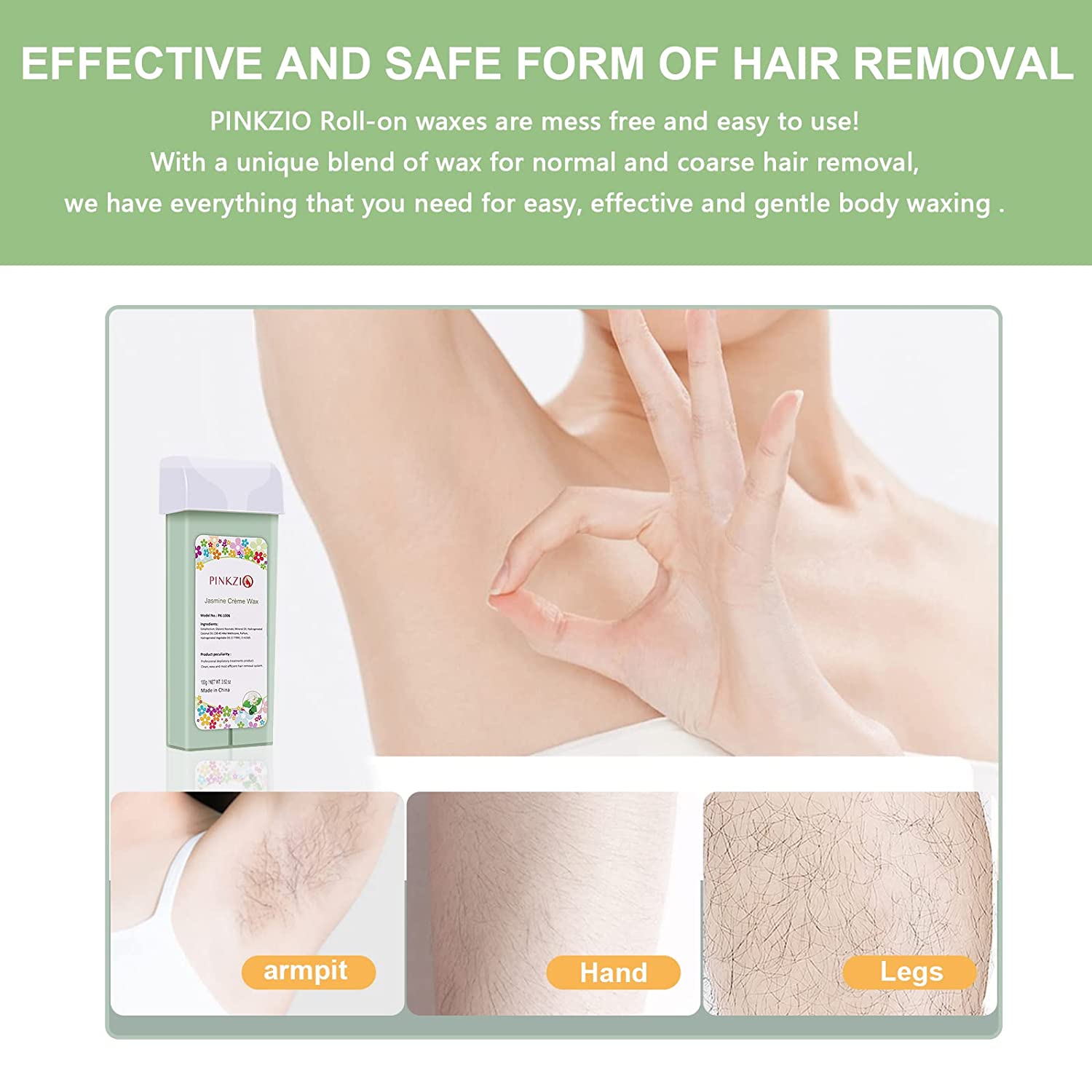 PINKZIO 4 Packs Jasmine Roll On Wax, Hair Removal Wax Cartridge, Body Waxing, 3.52 Oz/Pack