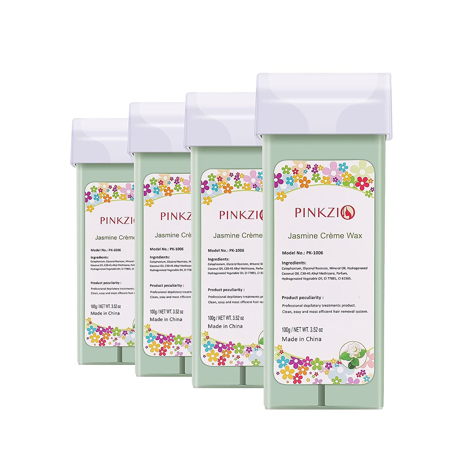PINKZIO 4 Packs Jasmine Roll On Wax, Hair Removal Wax Cartridge, Body Waxing, 3.52 Oz/Pack