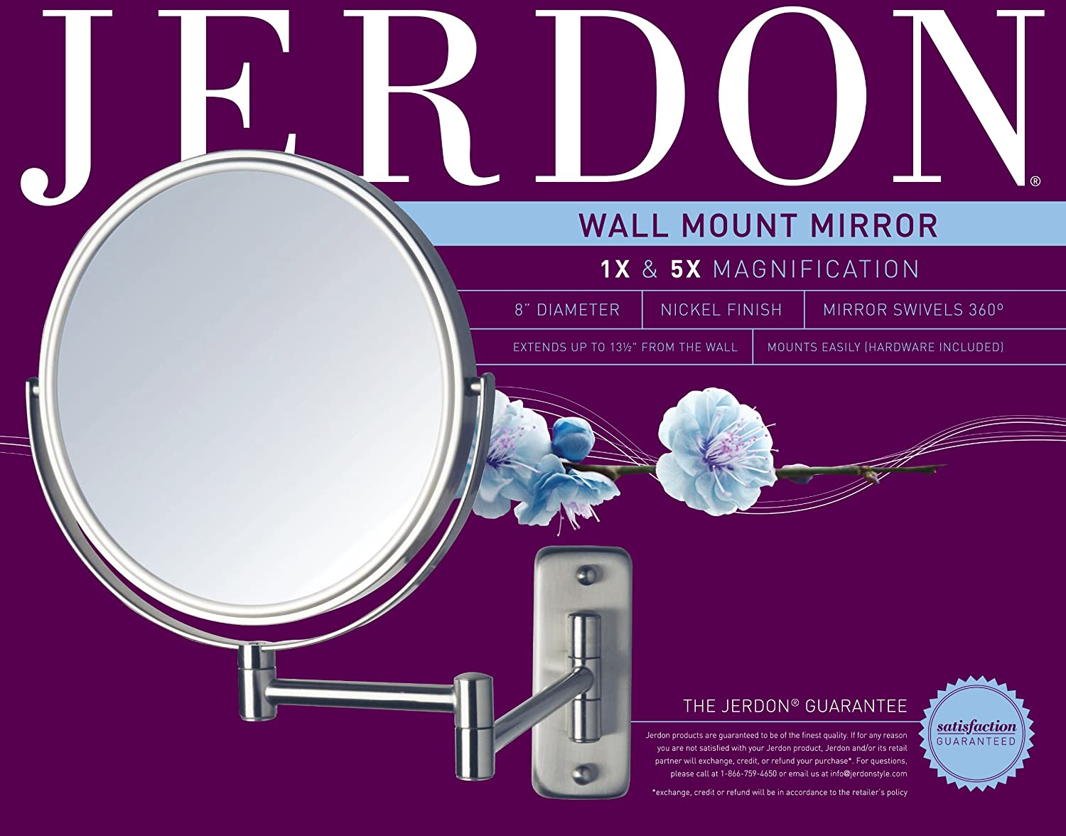Jerdon JP7506N 8-Inch Wall Mount Makeup Mirror with 5x Magnification, Nickel Finish, 8
