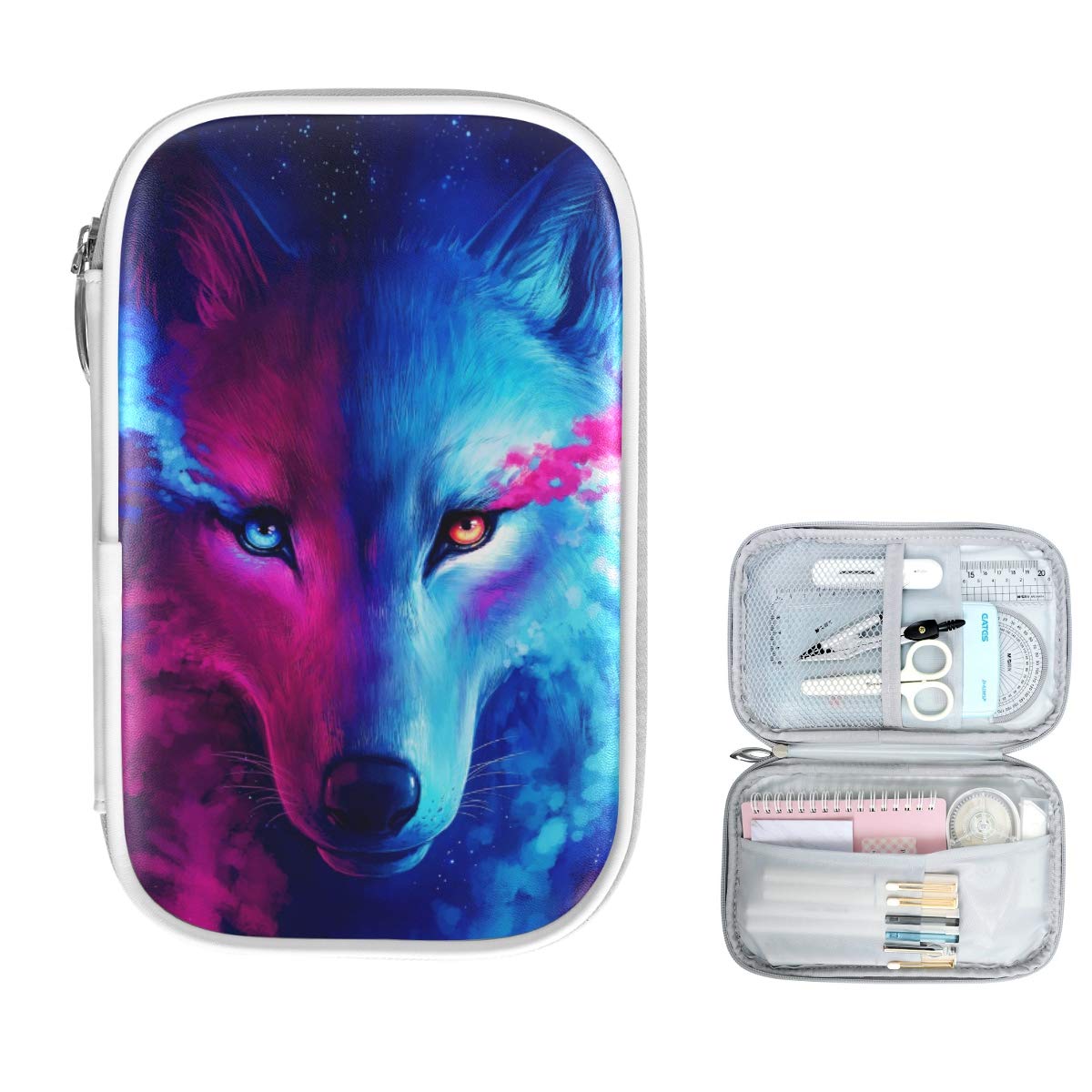 ZZKKO Animal Galaxy Wolf Pencil Bag Case Zipper Pencil Holder Organizer Stationary Pen Bag Cosmetic