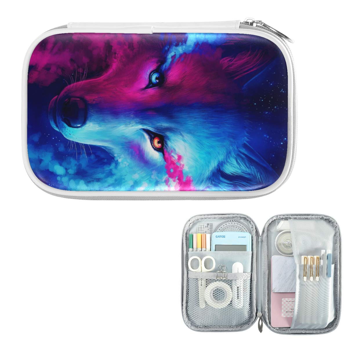 ZZKKO Animal Galaxy Wolf Pencil Bag Case Zipper Pencil Holder Organizer Stationary Pen Bag Cosmetic
