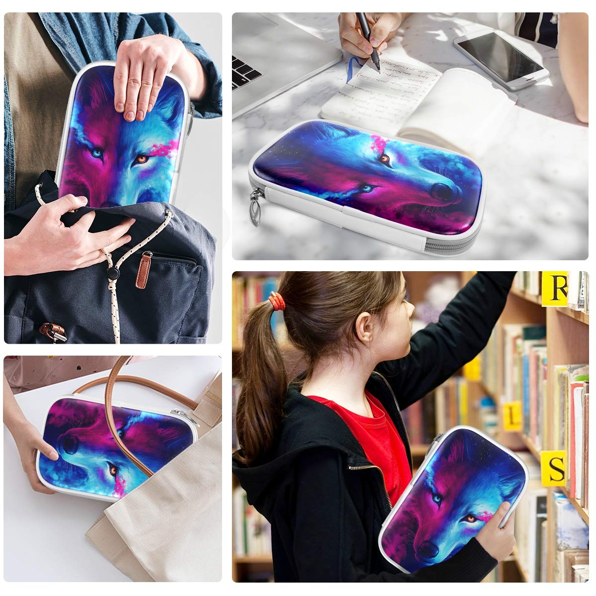 ZZKKO Animal Galaxy Wolf Pencil Bag Case Zipper Pencil Holder Organizer Stationary Pen Bag Cosmetic