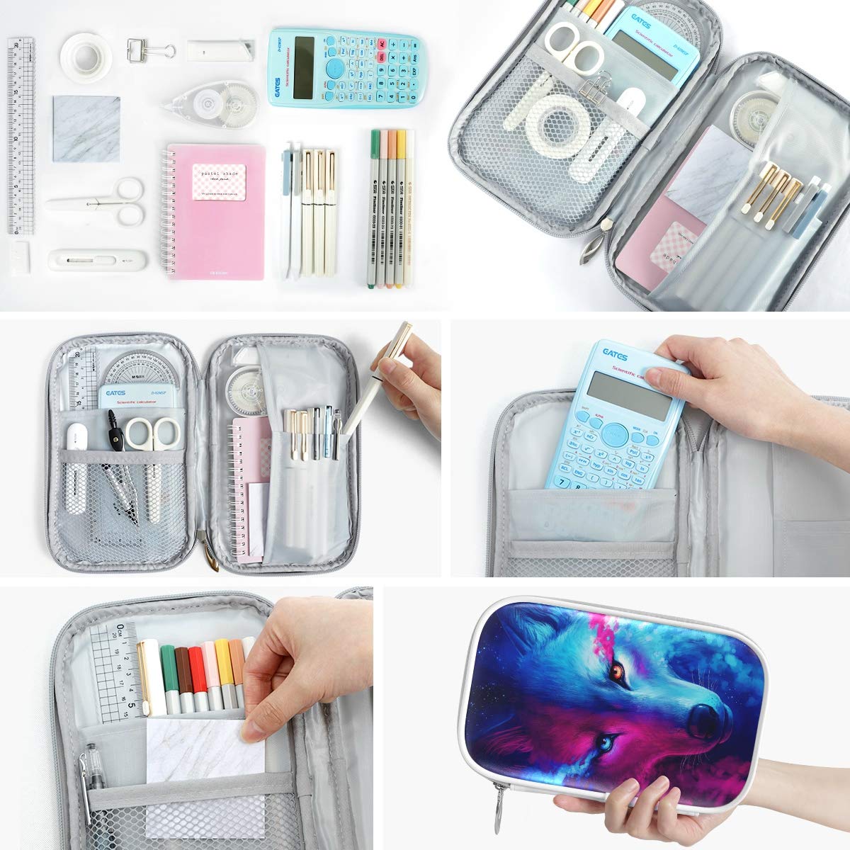 ZZKKO Animal Galaxy Wolf Pencil Bag Case Zipper Pencil Holder Organizer Stationary Pen Bag Cosmetic