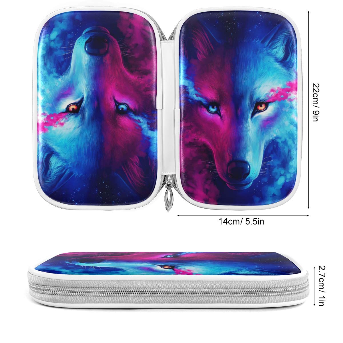 ZZKKO Animal Galaxy Wolf Pencil Bag Case Zipper Pencil Holder Organizer Stationary Pen Bag Cosmetic