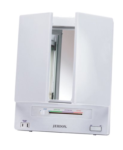 Jerdon Tri-Fold Two-Sided Lighted Makeup Mirror with 5X Magnification, White Finish