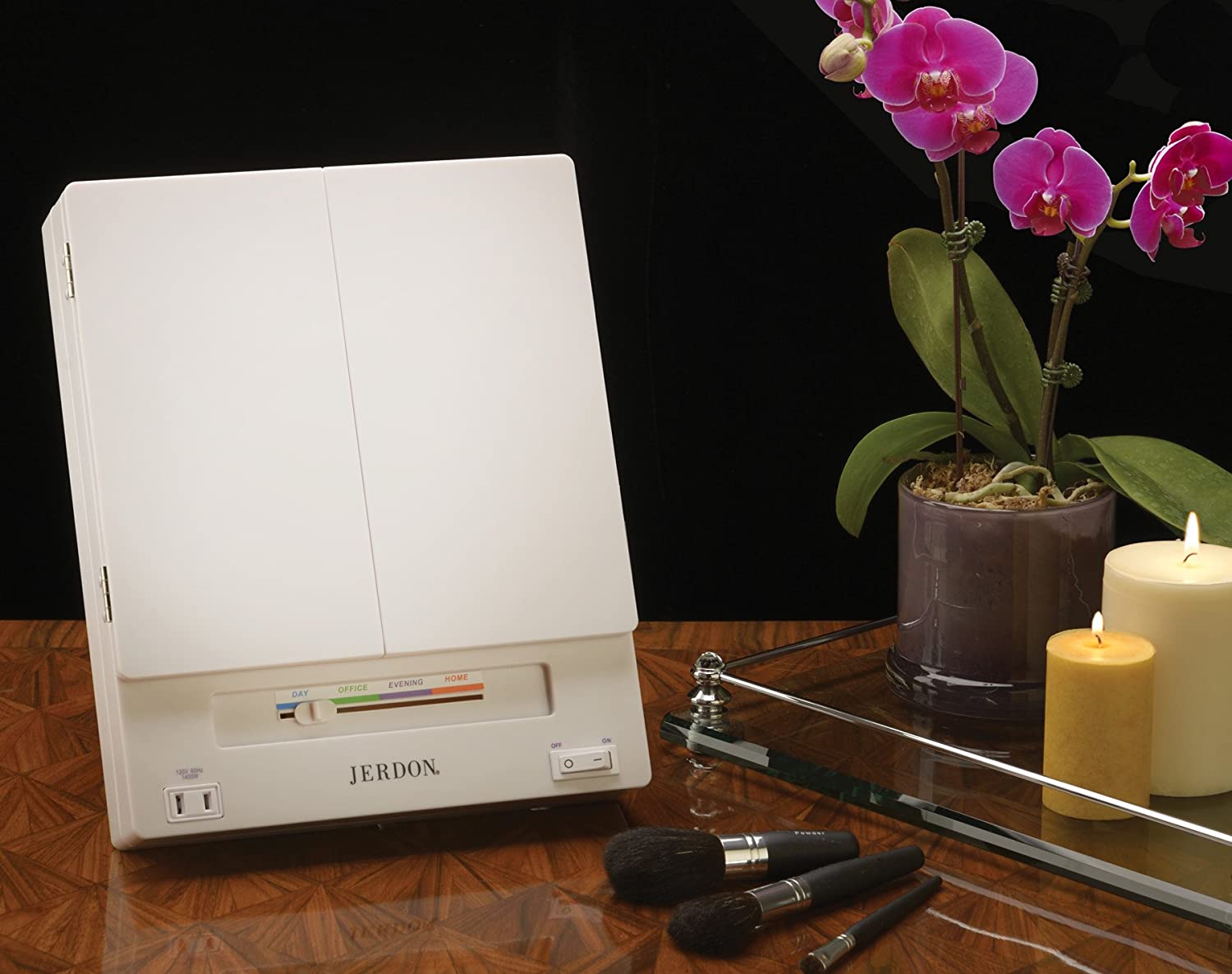 Jerdon Tri-Fold Two-Sided Lighted Makeup Mirror with 5X Magnification, White Finish