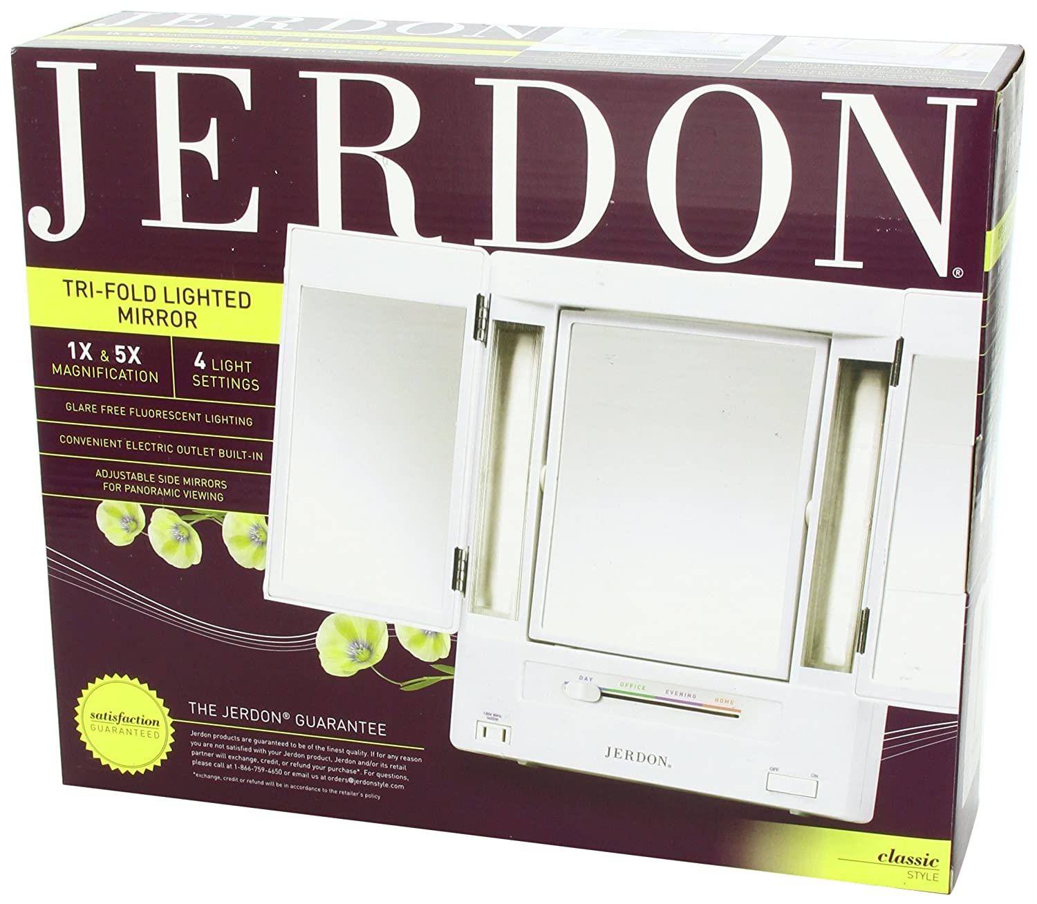 Jerdon Tri-Fold Two-Sided Lighted Makeup Mirror with 5X Magnification, White Finish