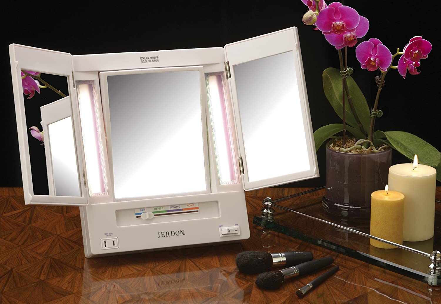 Jerdon Tri-Fold Two-Sided Lighted Makeup Mirror with 5X Magnification, White Finish