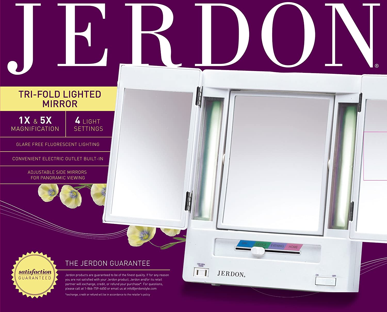 Jerdon Tri-Fold Two-Sided Lighted Makeup Mirror with 5X Magnification, White Finish