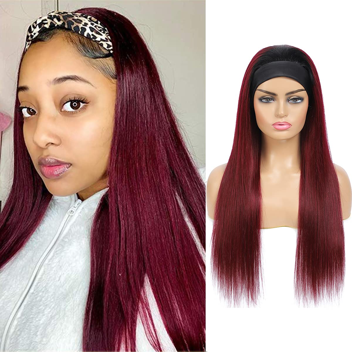 99J Ombre Straight Human Hair Headband Wigs for Black Women Brazilian Virgin Hair Glueless None Lace