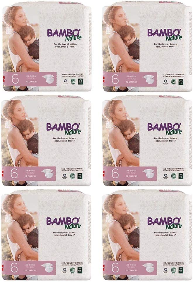 Bambo Nature Eco Friendly Premium Baby Diapers for Sensitive Skin, Size 6 (35-66 Lbs), 132 Count (6