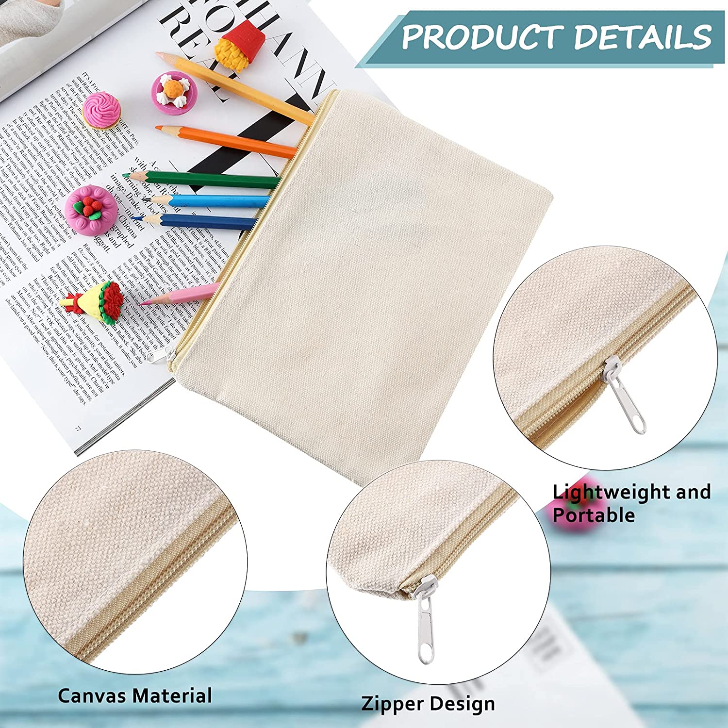 50 Pieces Canvas Cosmetic Bags Sublimation Canvas Makeup Bags with Zipper Pouch Bags Plain Makeup Po