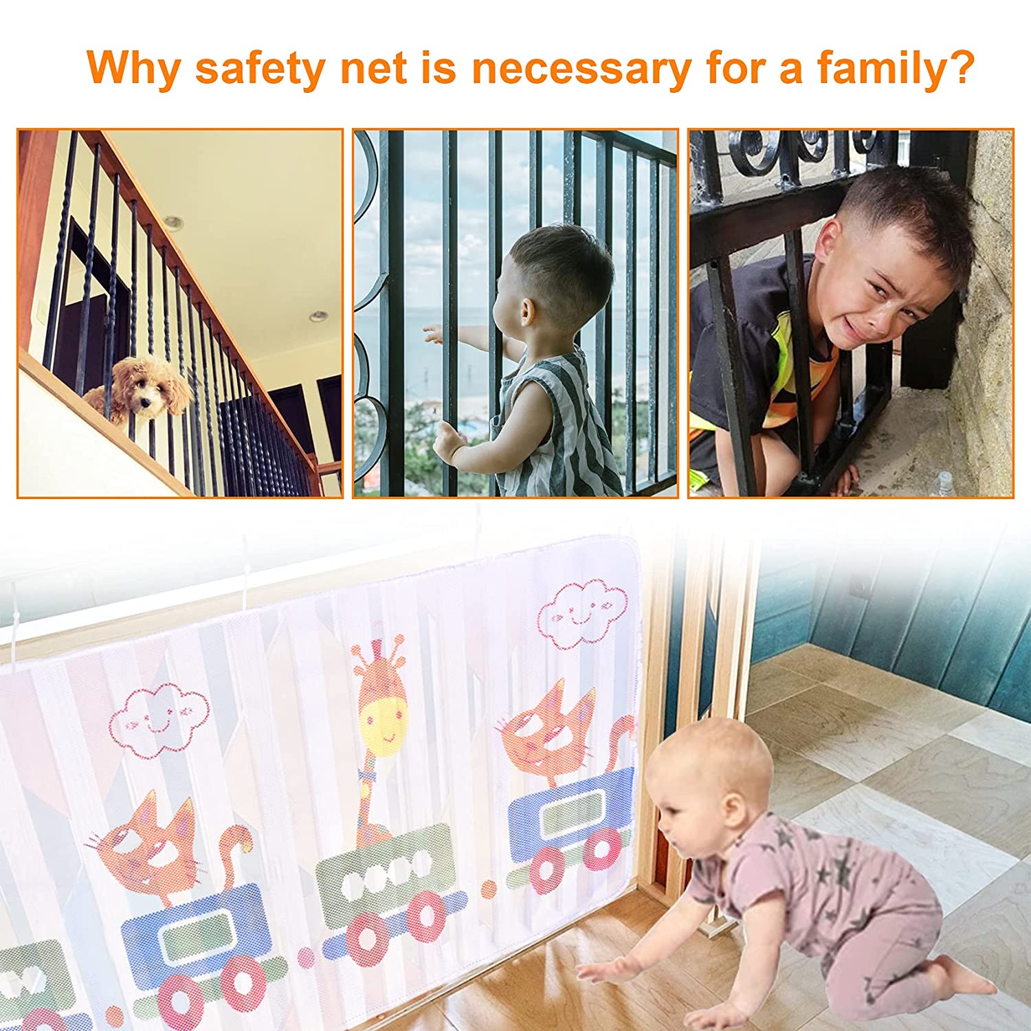 Child Safety Net, Baby Proofing Banister Stair Net, 6.5ft x 2.6ft Durable Balcony Guard Safety Net f
