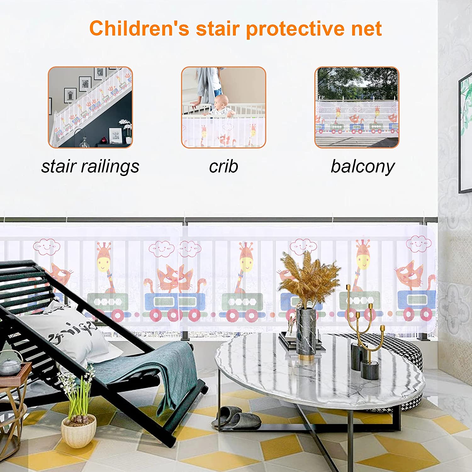 Child Safety Net, Baby Proofing Banister Stair Net, 6.5ft x 2.6ft Durable Balcony Guard Safety Net f
