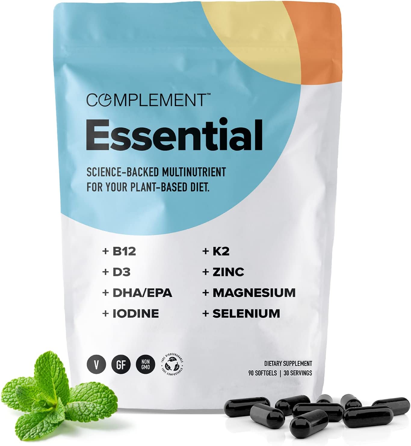 Complement Essential Vegan Multivitamin - Vitamin B12, Omega-3 DHA + EPA, Vitamin D3, Vitamin K2, Io