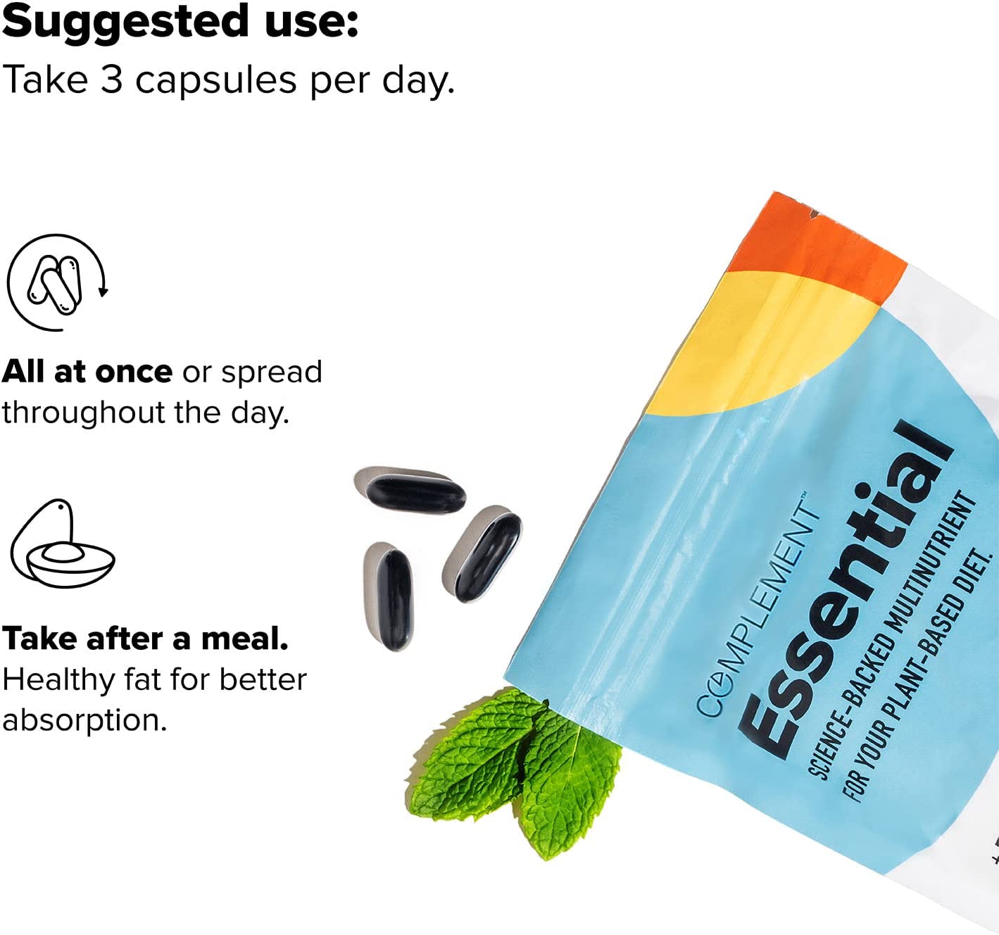 Complement Essential Vegan Multivitamin - Vitamin B12, Omega-3 DHA + EPA, Vitamin D3, Vitamin K2, Io