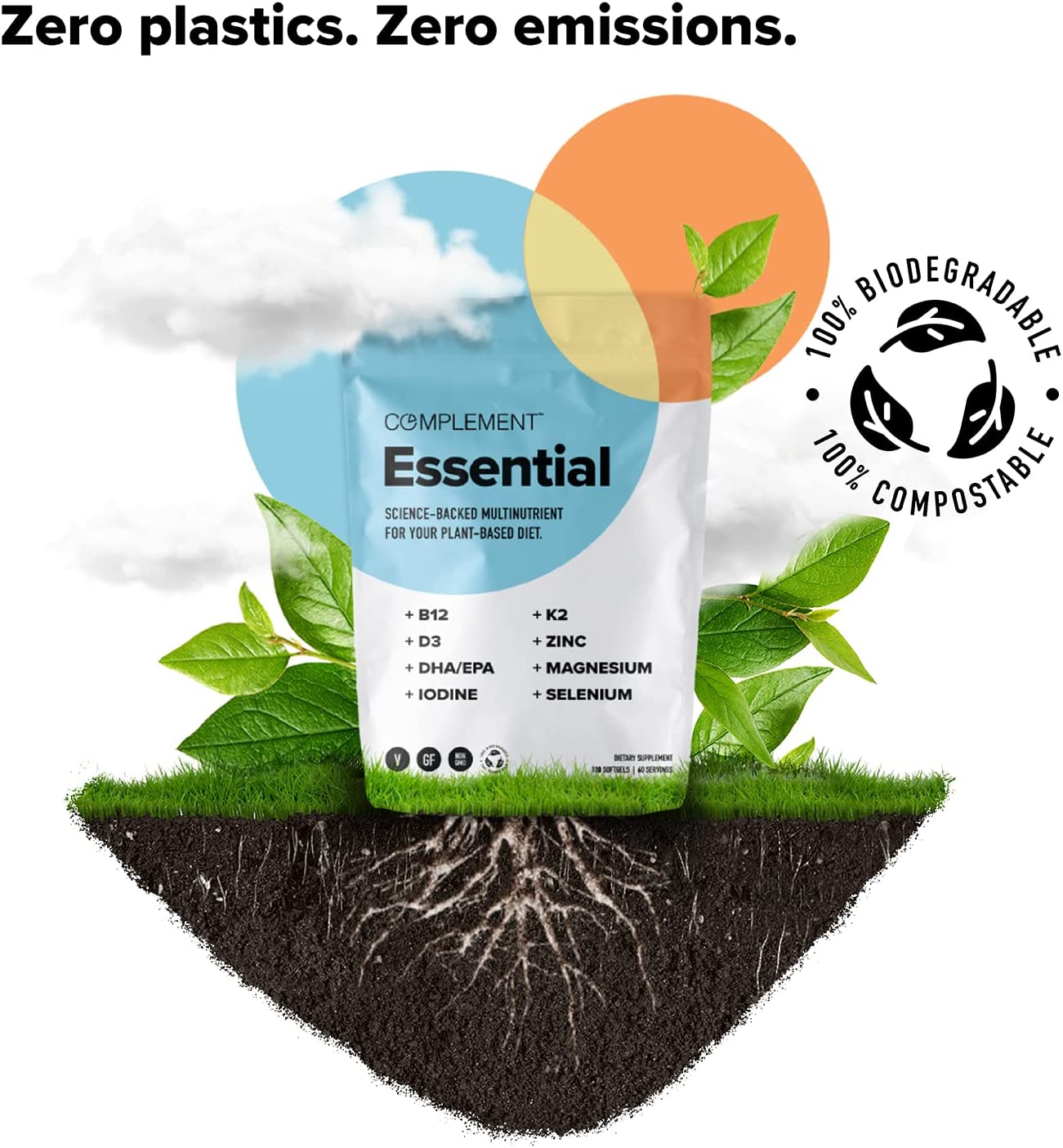 Complement Essential Vegan Multivitamin - Vitamin B12, Omega-3 DHA + EPA, Vitamin D3, Vitamin K2, Io